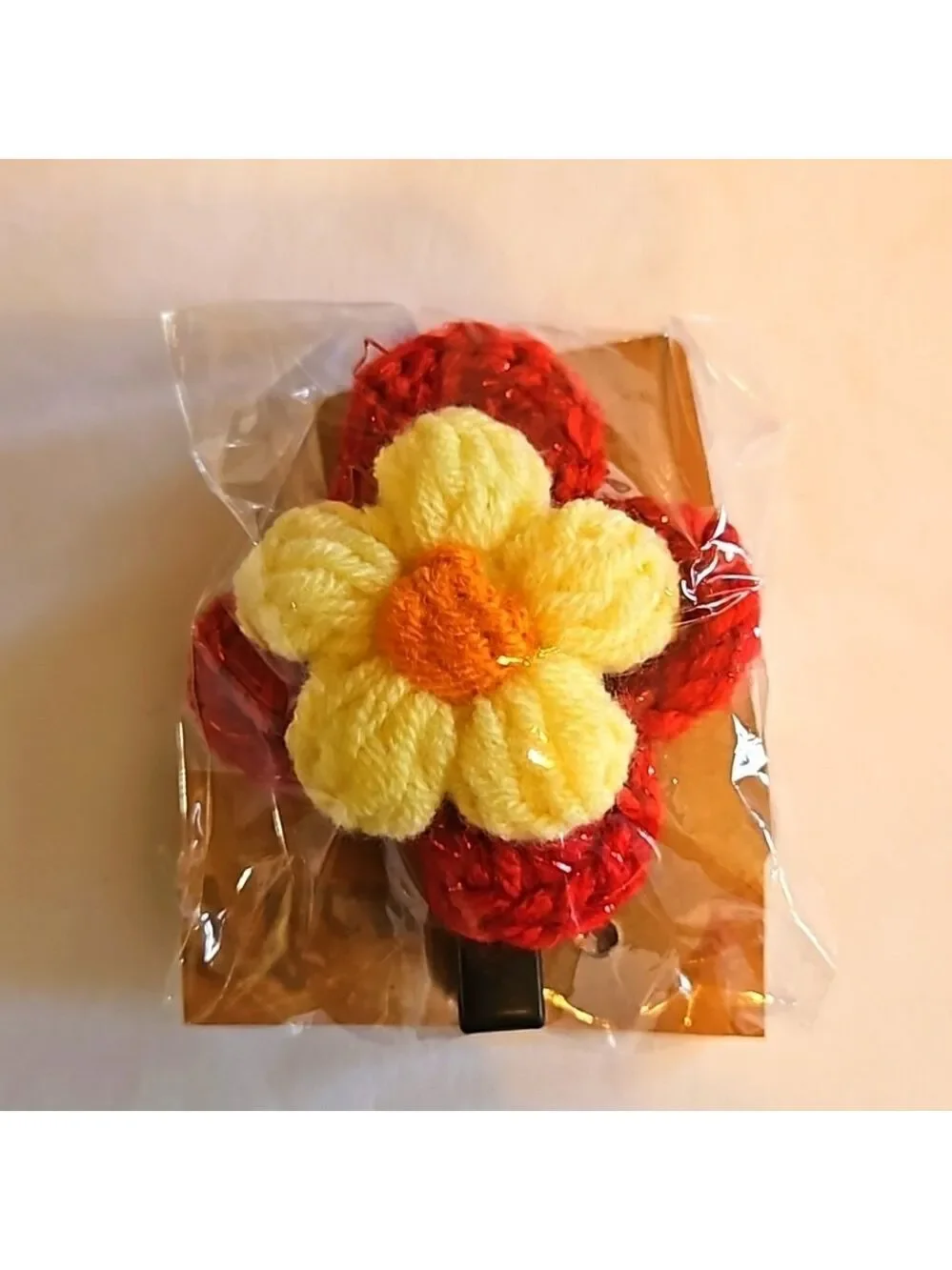 Hand Crafted bow hair accessory crochet red flower black alligator clip boho